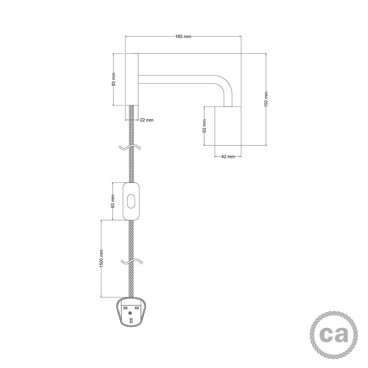 Lampada Spostaluce in metallo con estensione curva e spina UK - Bianco