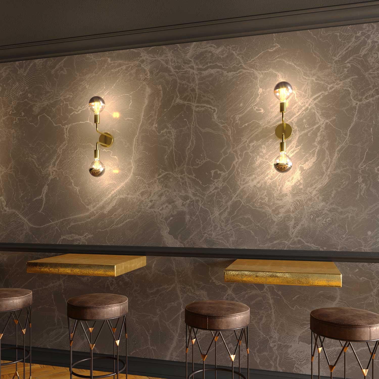 Fermaluce Metal, lampada a muro in metallo con doppia estensione curva - Ottone