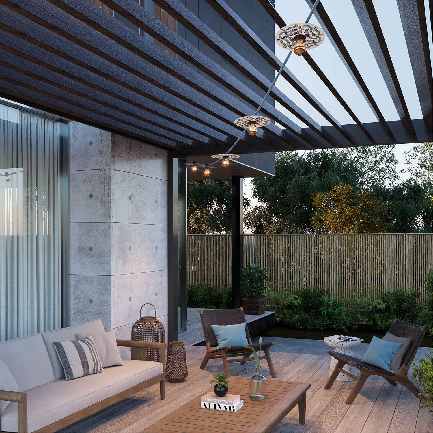 Catenaria Sistema Lumet 'Maioliche' da 7,5 m con cavo tessile, 5 portalampada e paralumi Blu, gancio e spina nera