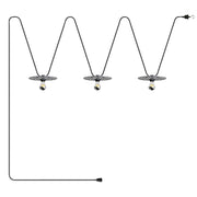Catenaria Sistema Lumet 'Maioliche' da 10 m con cavo tessile, 3 portalampada e paralumi Bianco e Nero, gancio e spina nera