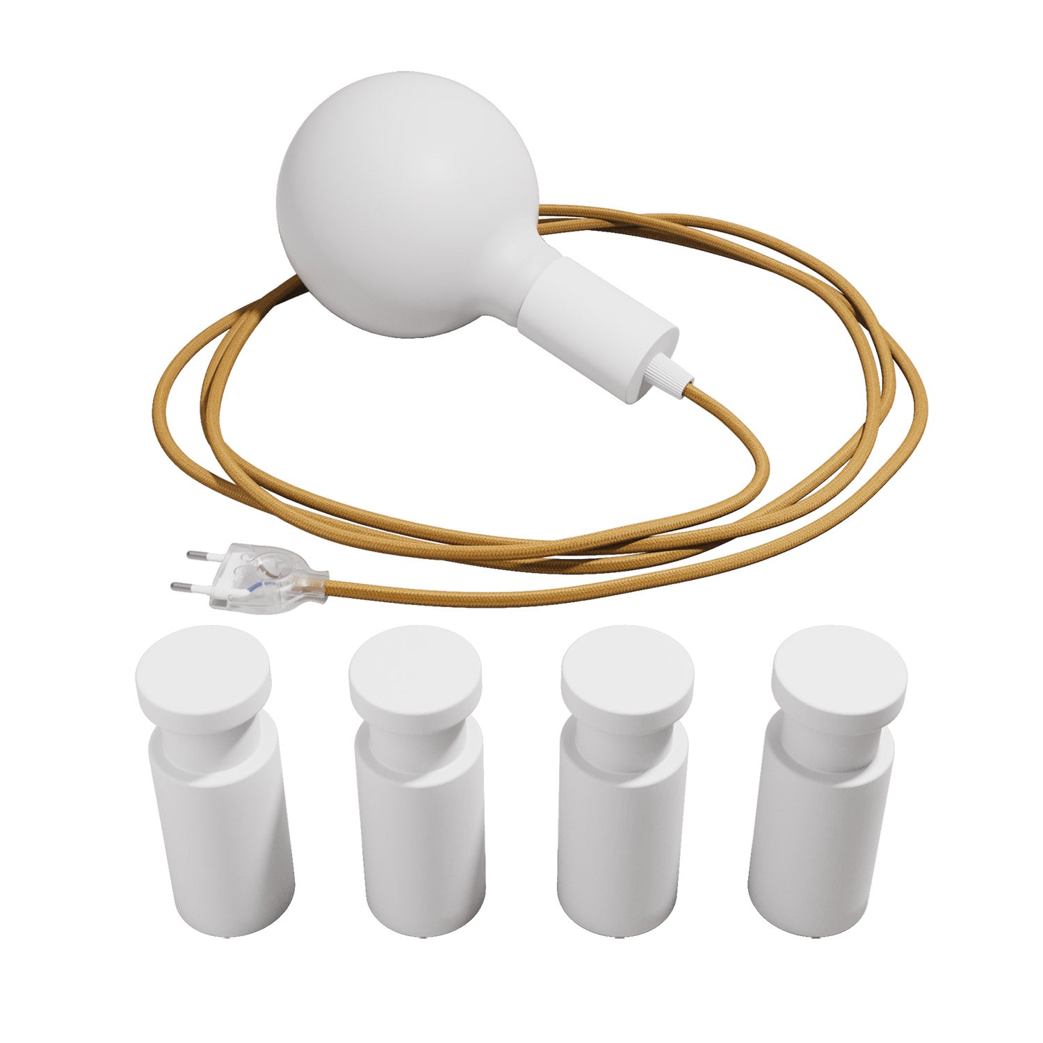 Lampada portatile Snake con portalampada in metallo e spina, completa di 4 passacavo in legno Rolé - Bianco