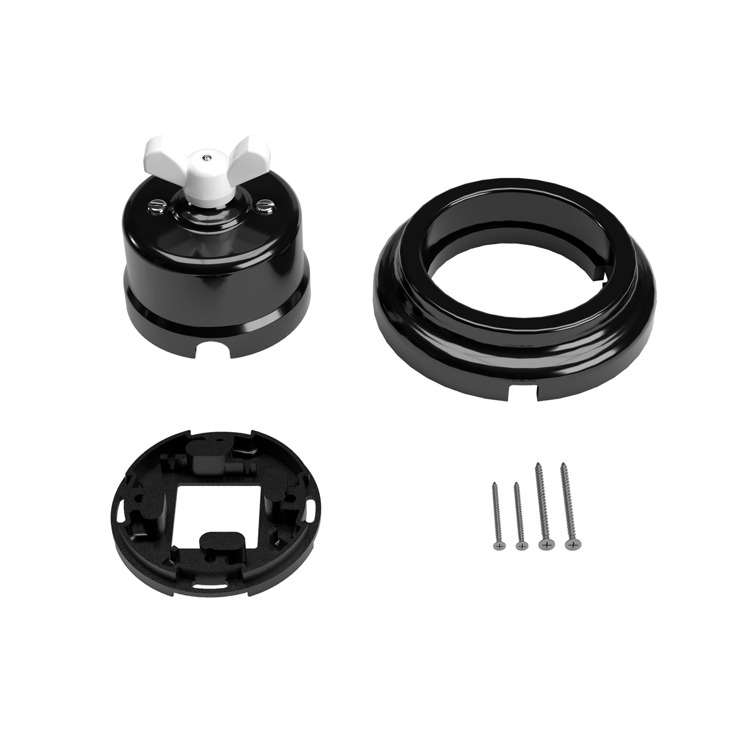 Kit interruttore/deviatore con dado a farfalla e base in porcellana nera Bianco