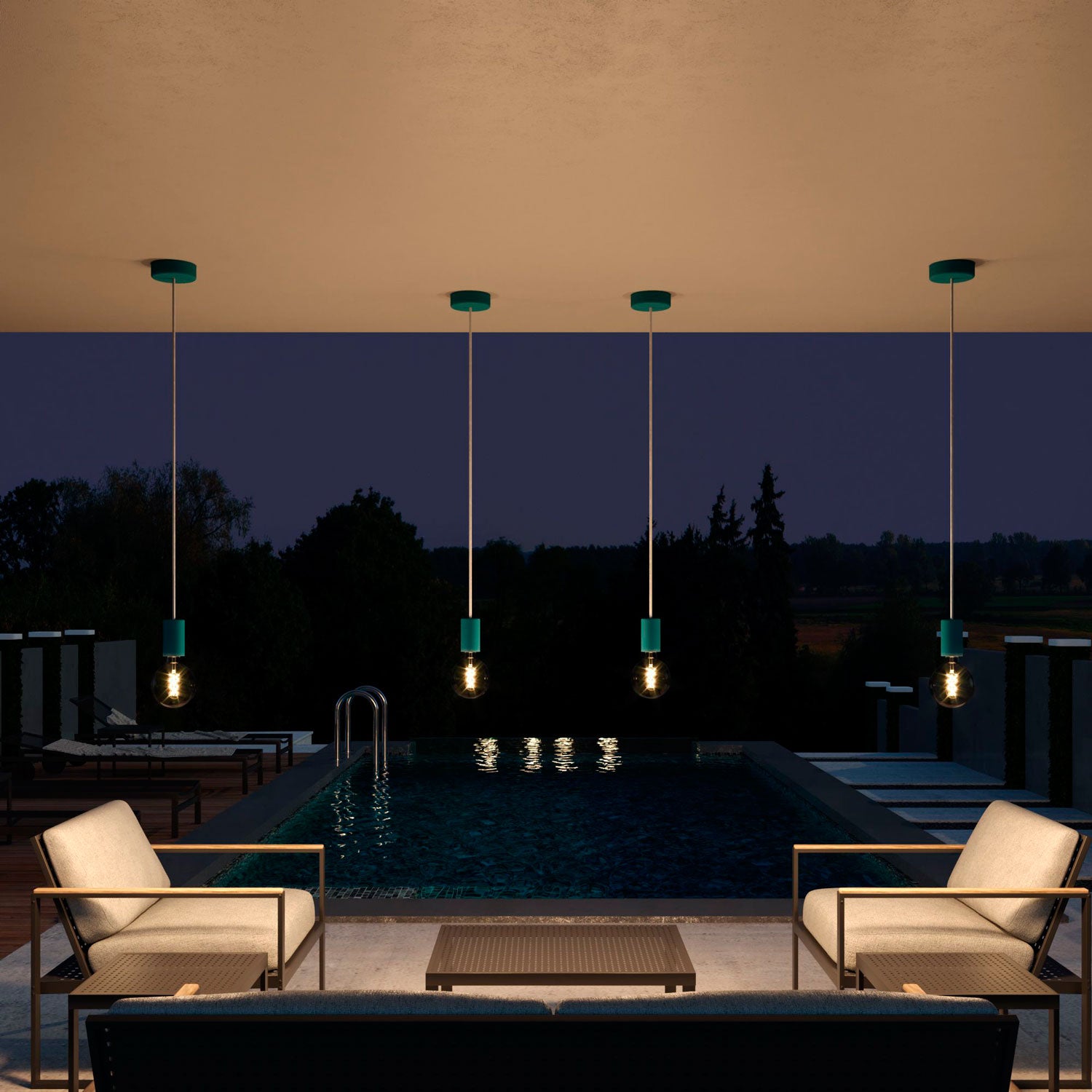Modulair ELEGANT Lampada da esterno con 1,5 m cavo tessile, rosone e portalampada in silicone IP65 waterproof - Petrolio