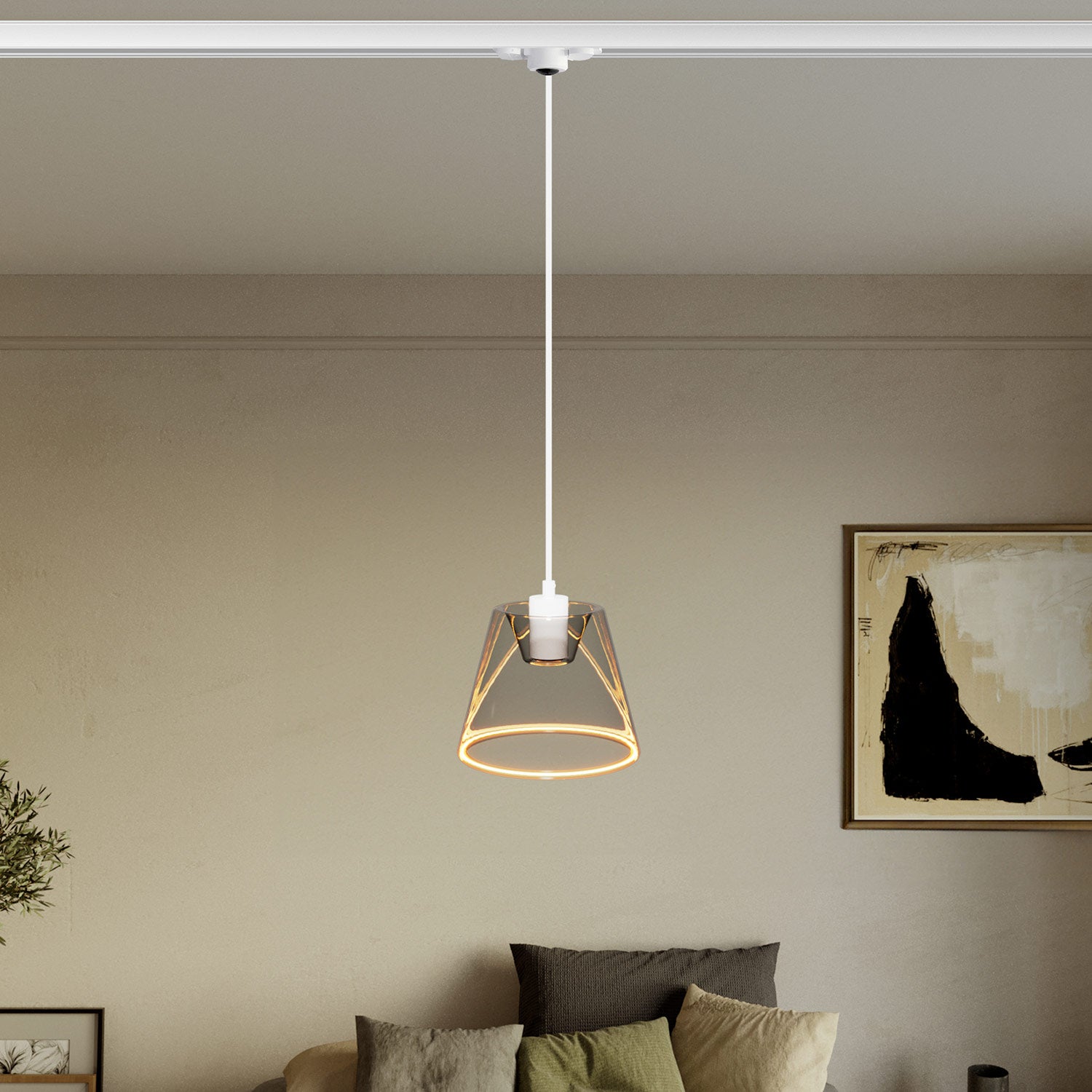 Sospensione per binari con lampadina Ghost a cono smoky - Bianco