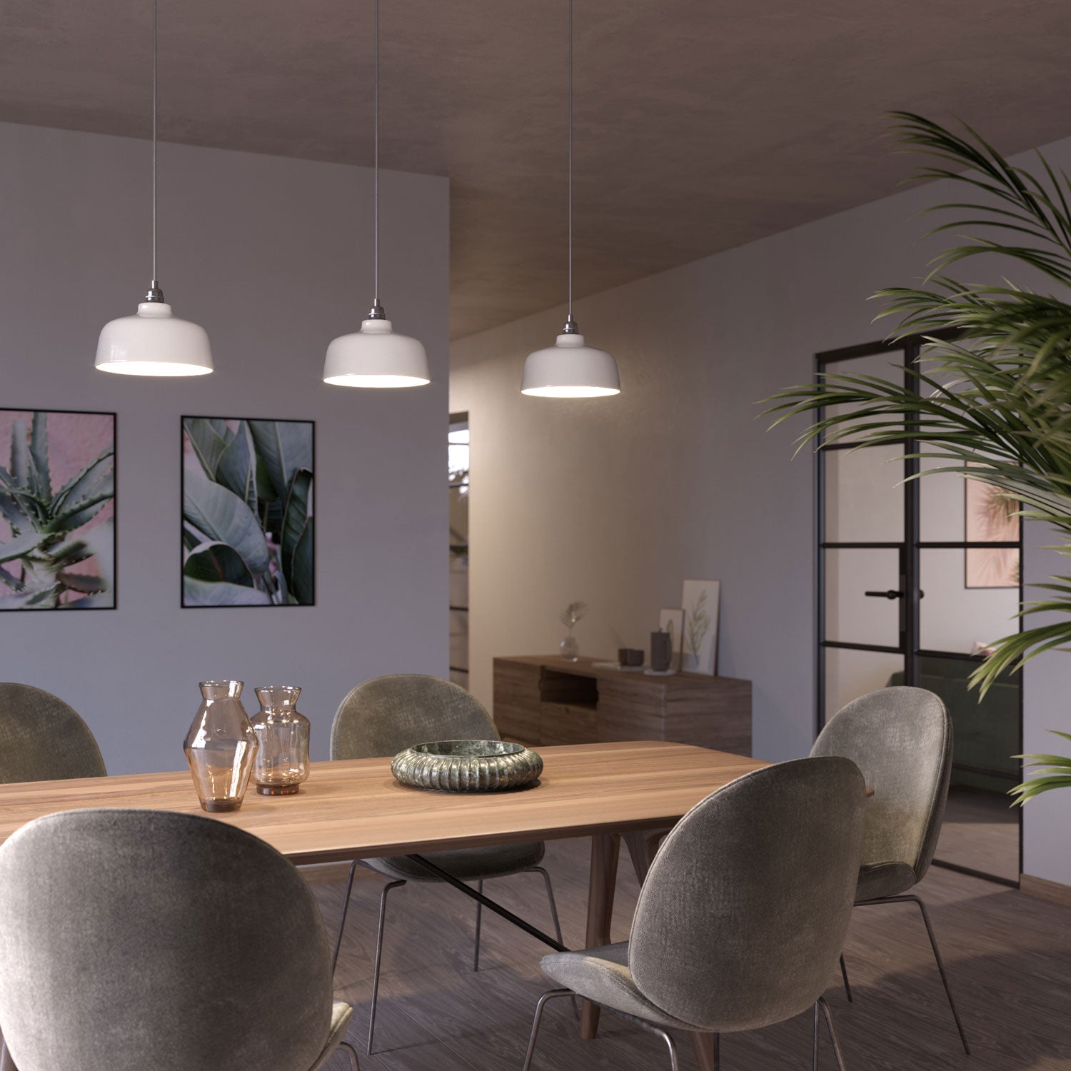 Lampada a sospensione completa di cavo tessile, paralume Coppa in ceramica e finiture in metallo - Bianco lucido