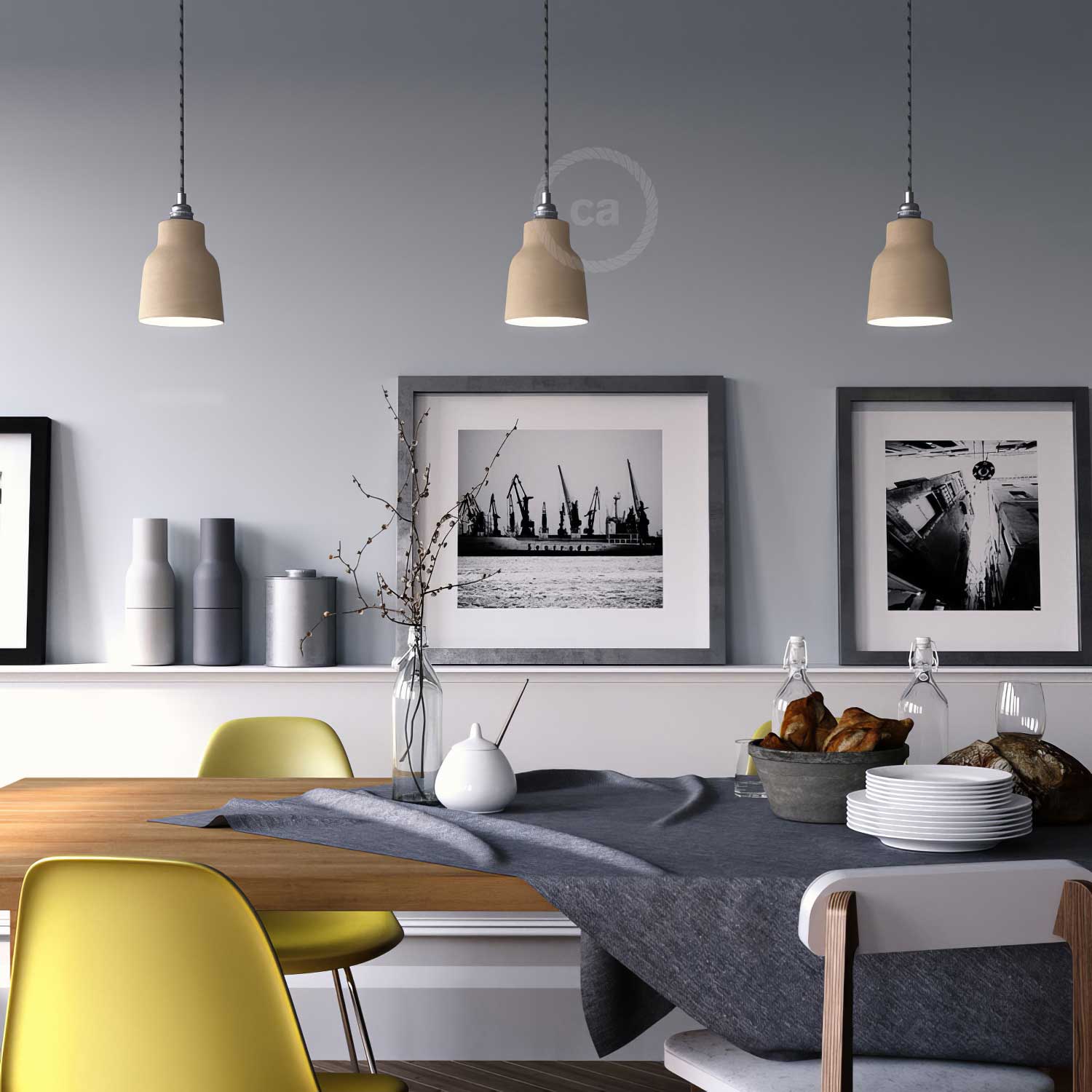 Lampada a sospensione completa di cavo tessile, paralume Vaso in ceramica e finiture in metallo - Tortora striato