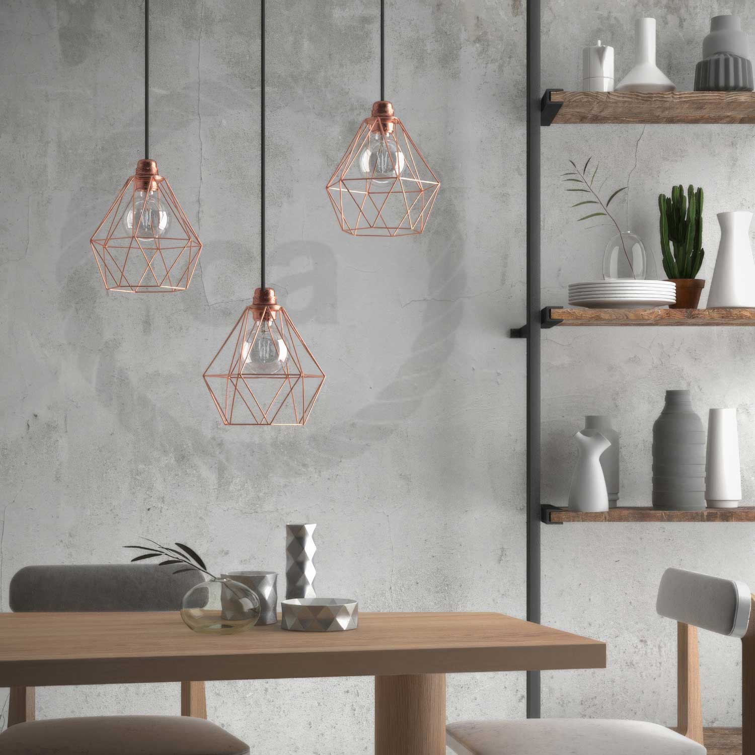 Lampada a sospensione completa di cavo tessile, paralume gabbia Diamond e finiture in metallo - Rame