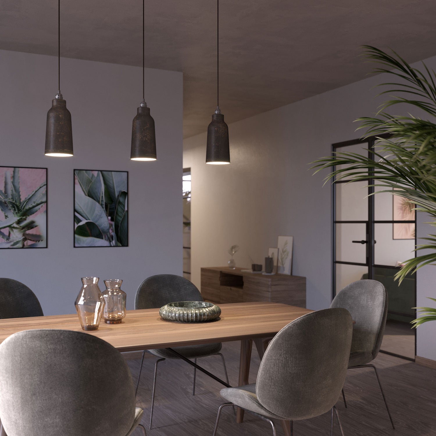 Lampada a sospensione completa di cavo tessile, paralume Bottiglia in ceramica e finiture in metallo - Effetto corten