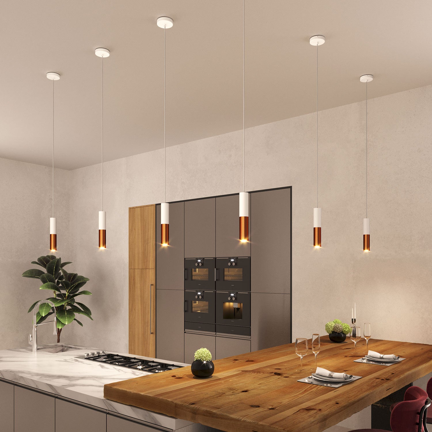 Lampada a sospensione completa di cavo tessile e doppio paralume Tub-E14 - Bianco opaco e Rame satinato