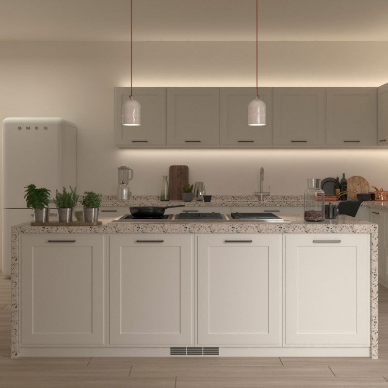 Lampada a sospensione completa di cavo tessile e paralume Mini Campana XS in ceramica - Bianco lucido