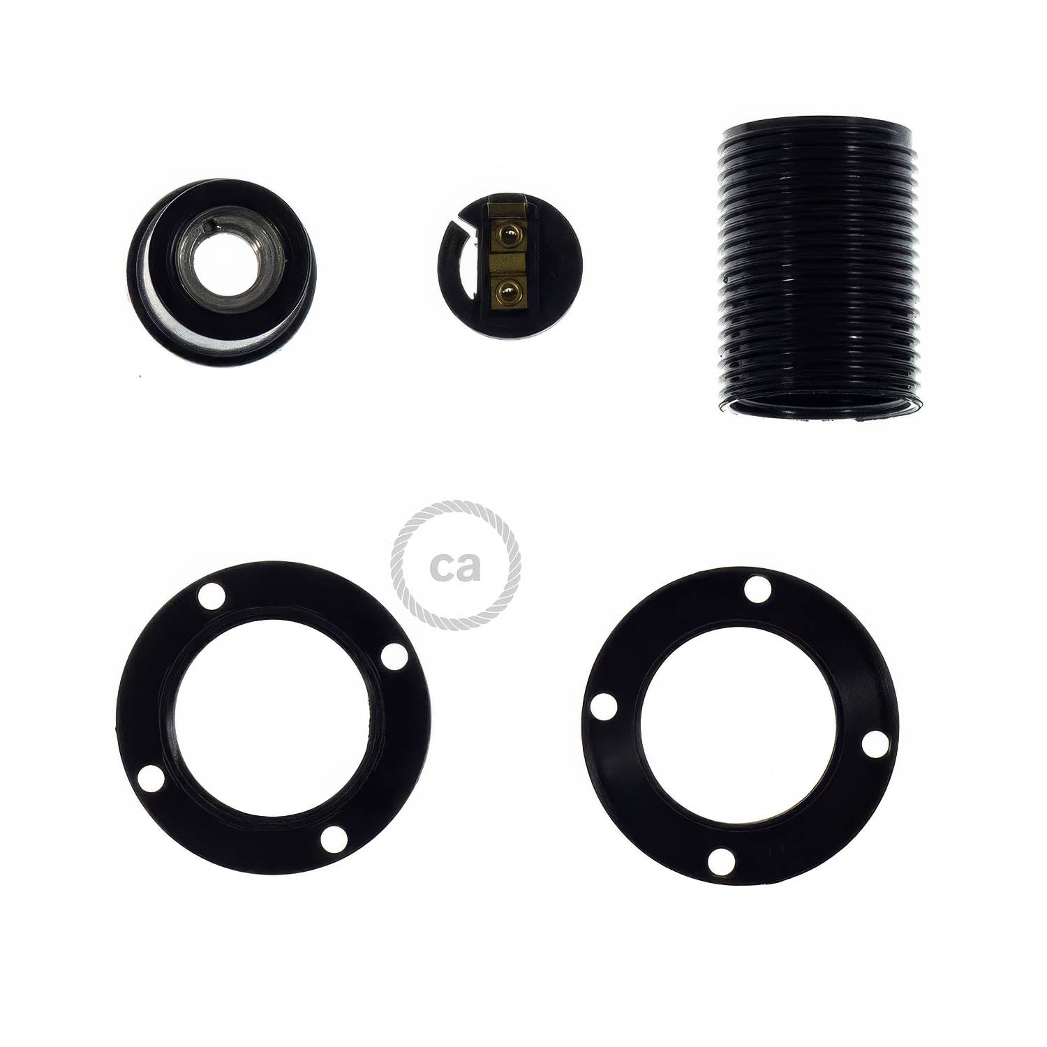 Kit portalampada E14 in bakelite con doppia ghiera per paralume - Nero