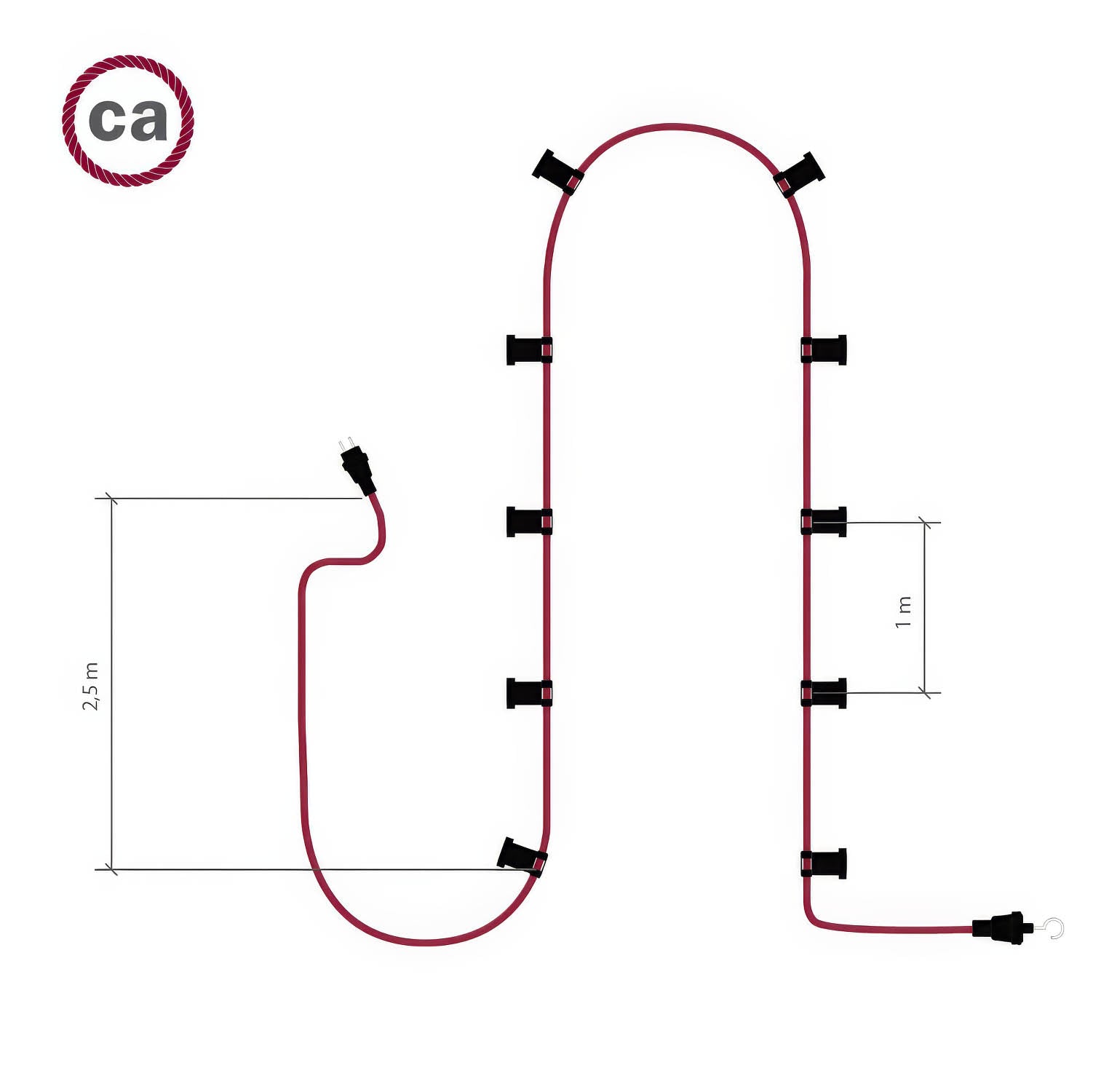 Catenaria Sistema Lumet da 12,5 m con cavo tessile CZ22, 10 portalampada, gancio e spina bianchi