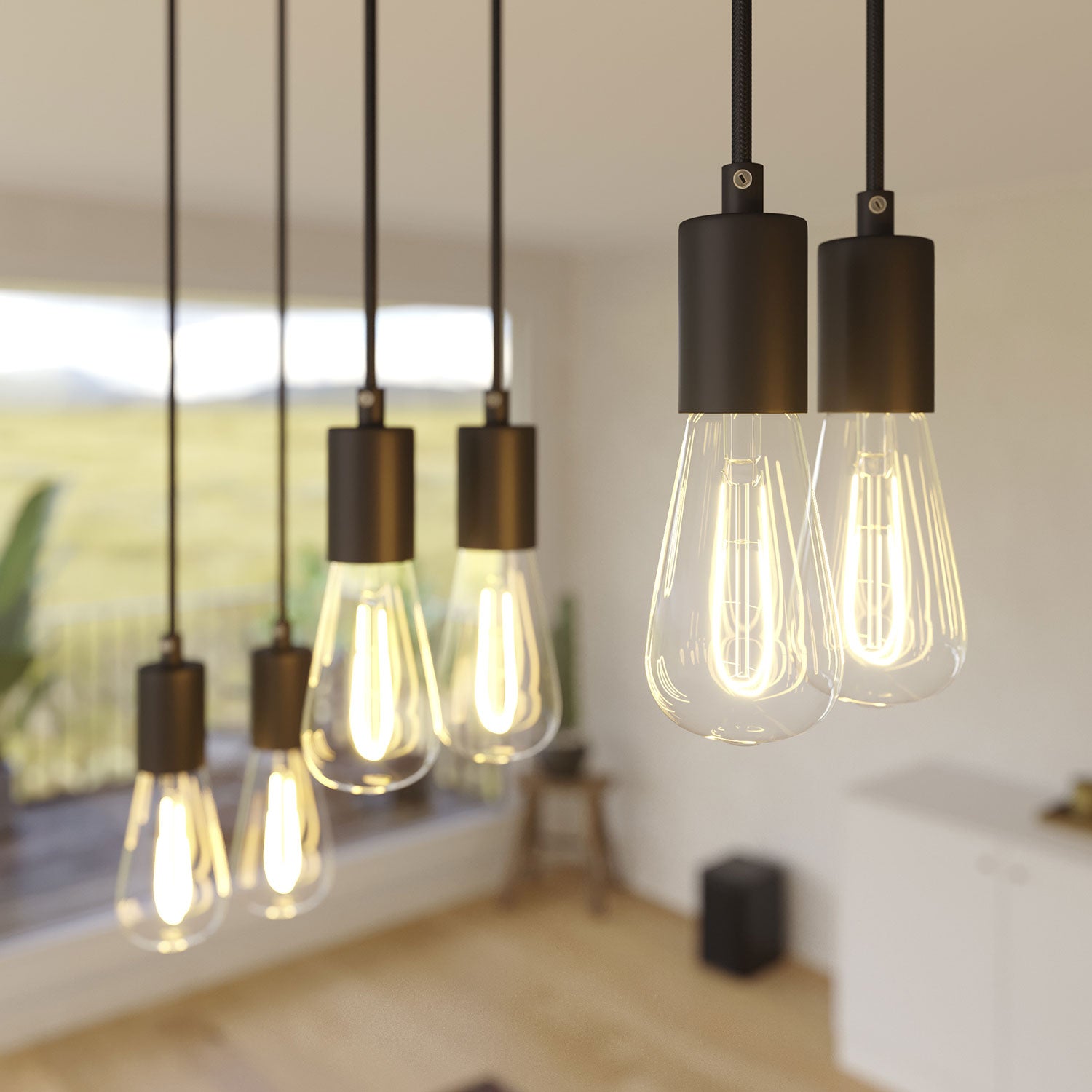 Lampada a sospensione a 6 cadute con XXL Rose-One rettangolare 675 mm con finiture in metallo - Nero opaco