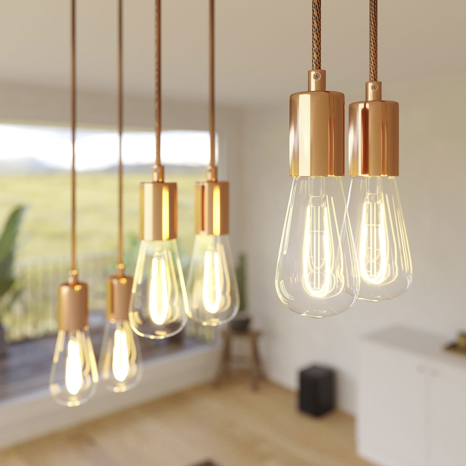 Lampada a sospensione a 6 cadute con XXL Rose-One rettangolare 675 mm con finiture in metallo - Rame satinato