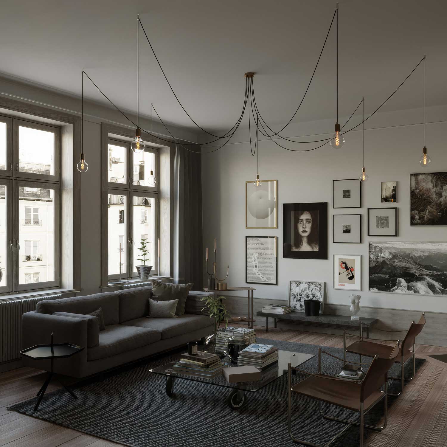 Spider - Lampada a sospensione multipla a 7 cadute con finiture in metallo - Ottone