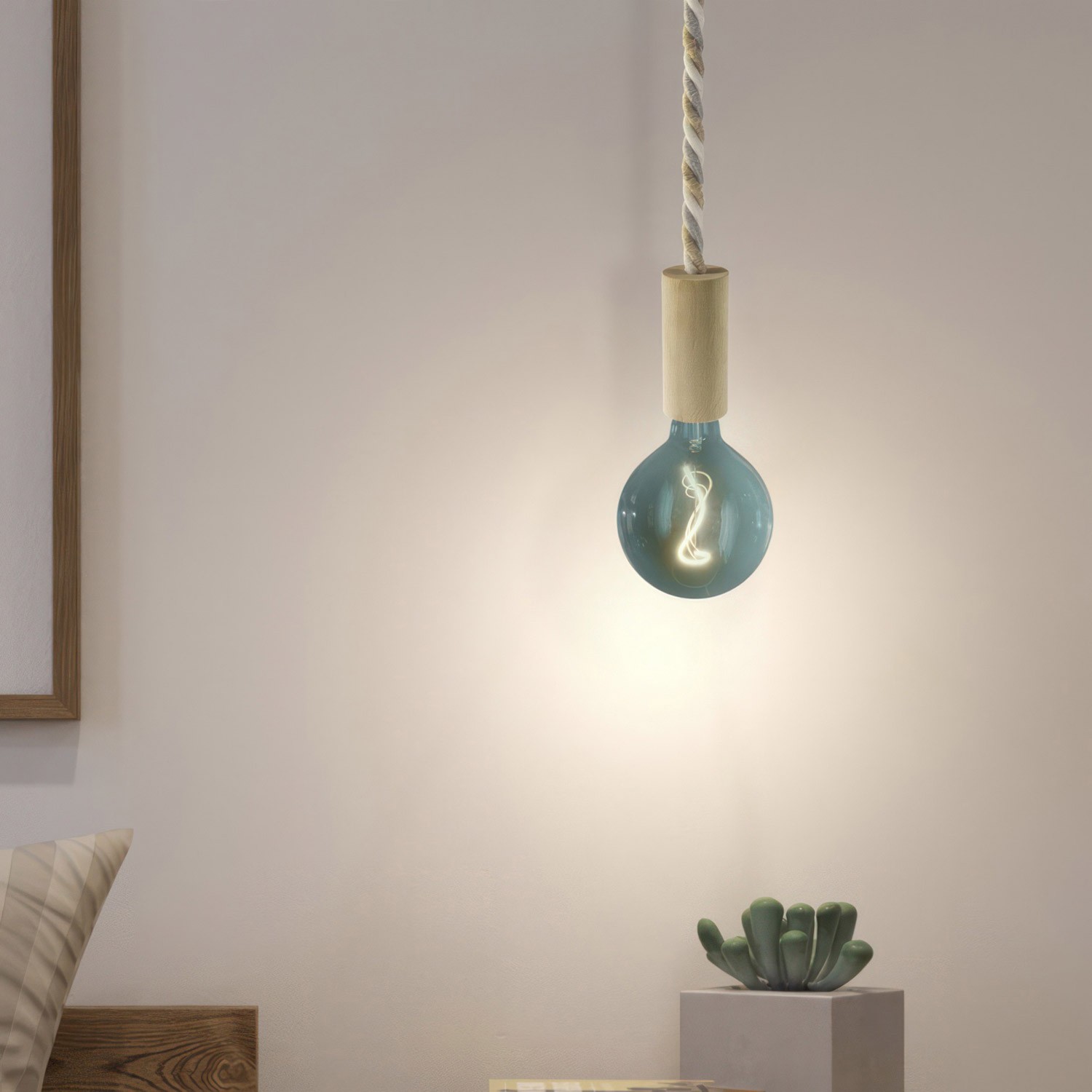 Viseče svetilo z XL vrvjo in lesenimi elementi - Izdelano v Italiji