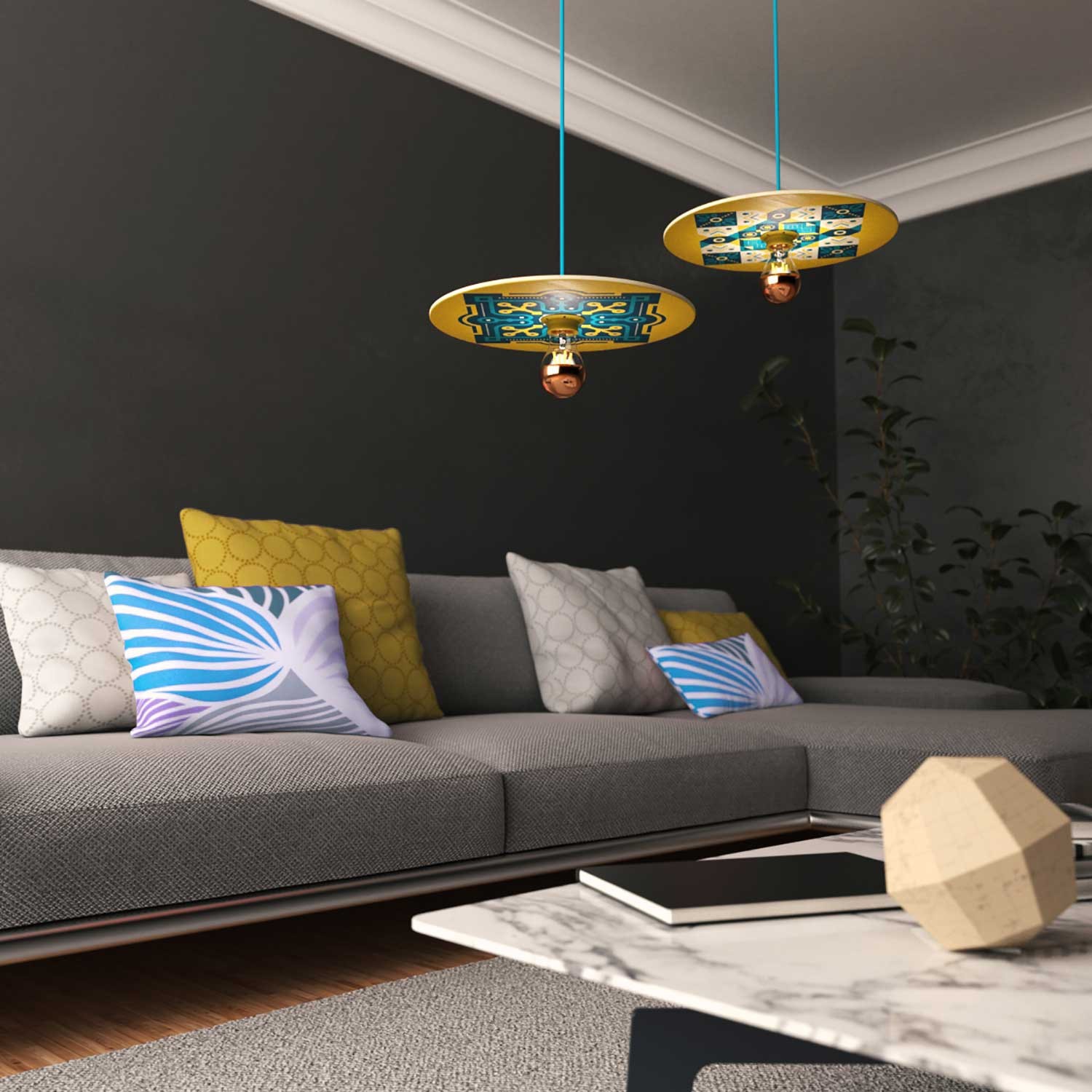 Viseče svetilo s tekstilnim kablom in UFO dvostranskim senčilom - Izdelano v Italiji