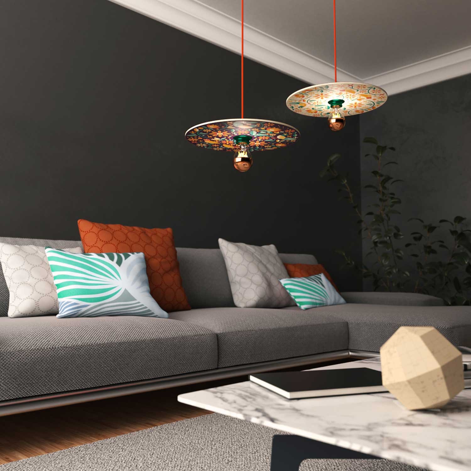 Viseče svetilo s tekstilnim kablom in UFO dvostranskim senčilom - Izdelano v Italiji