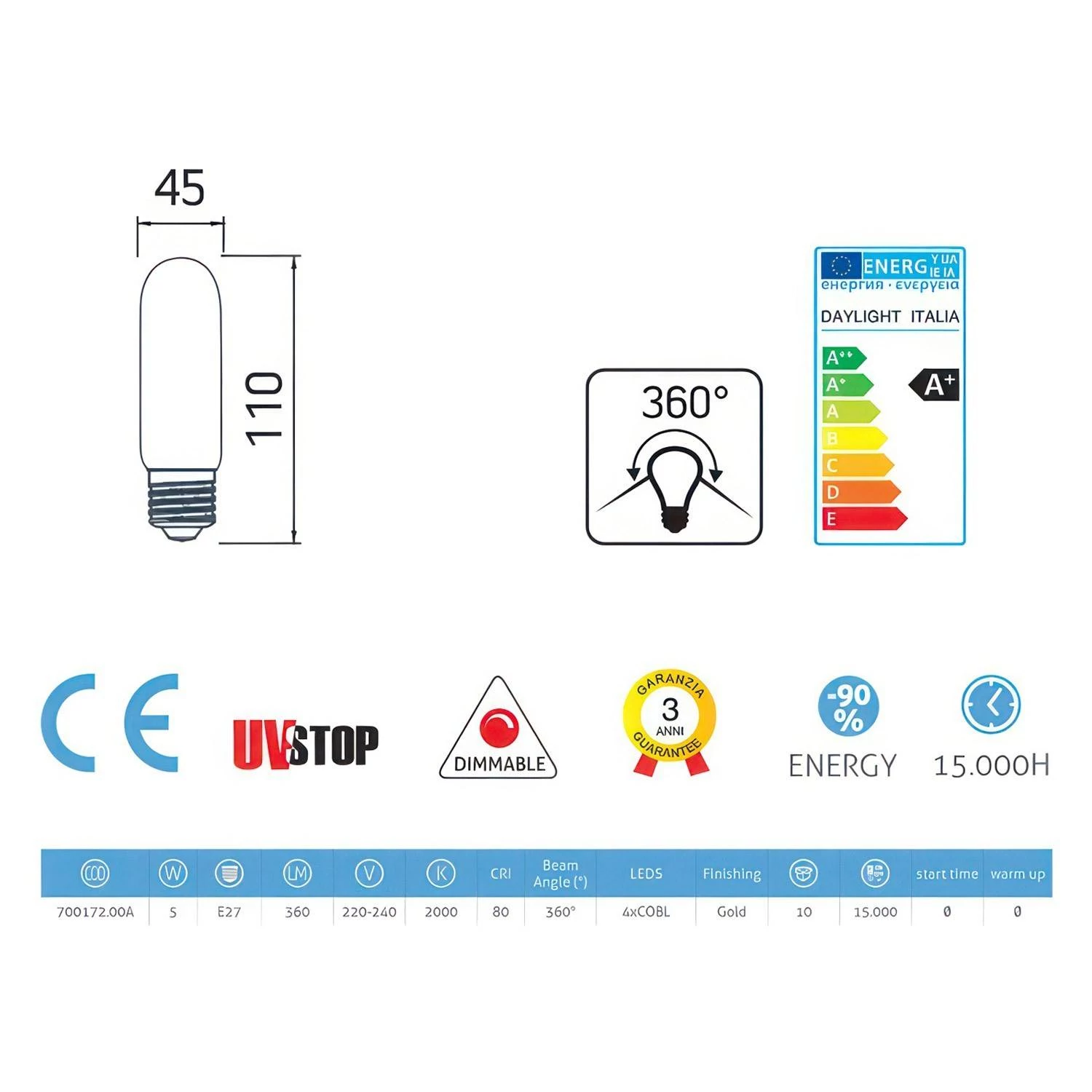 LED zlata žarnica Valve T45 - 5W E27 Zatemnilna 2000K