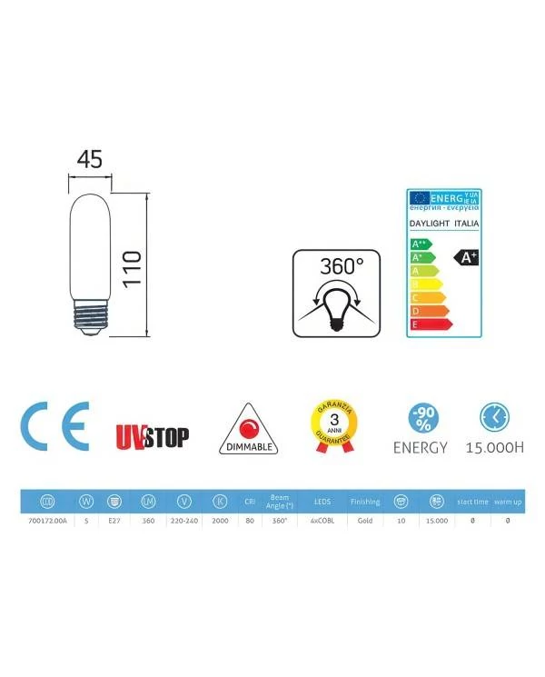 LED zlata žarnica Valve T45 - 5W E27 Zatemnilna 2000K