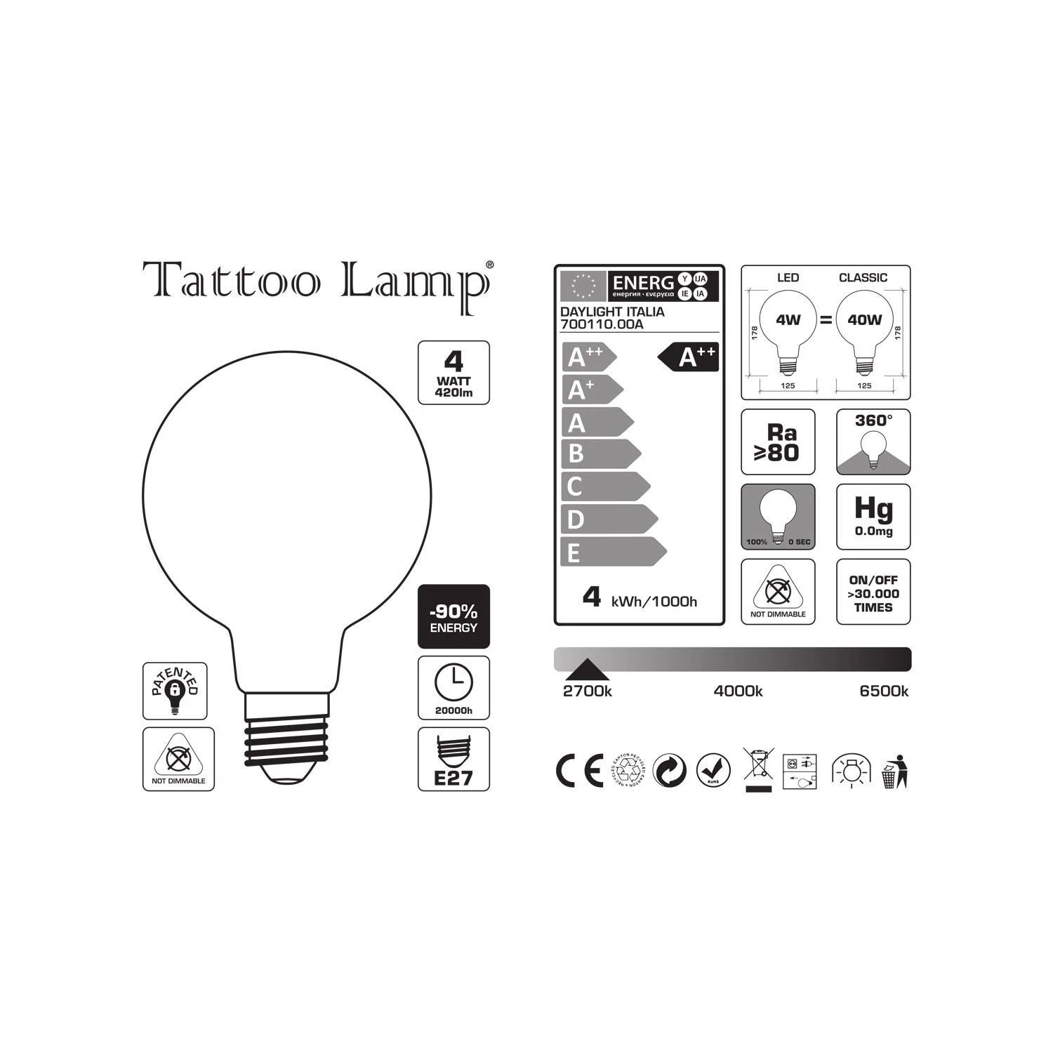 LED žarnica - Globe G125 spiralna nit - Tattoo Lamp® Cuore 4W E27 2700K