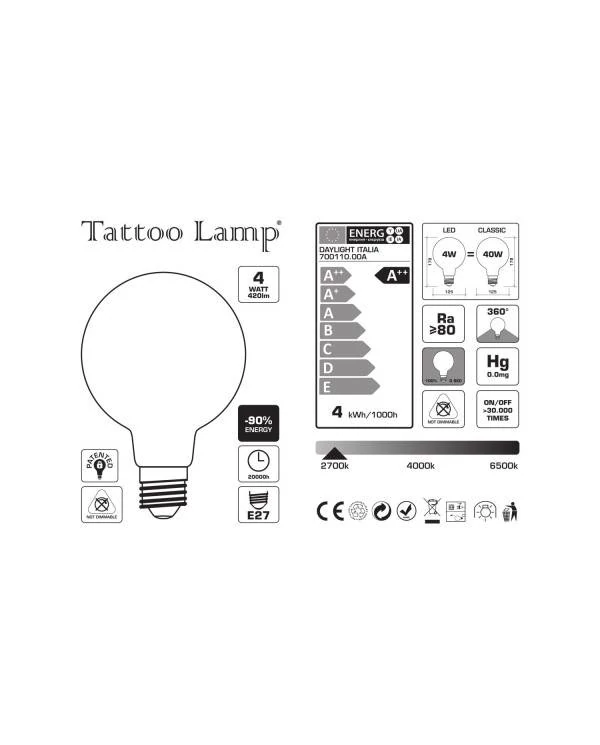 LED žarnica - Globe G125 spiralna nit - Tattoo Lamp® Cuore 4W E27 2700K