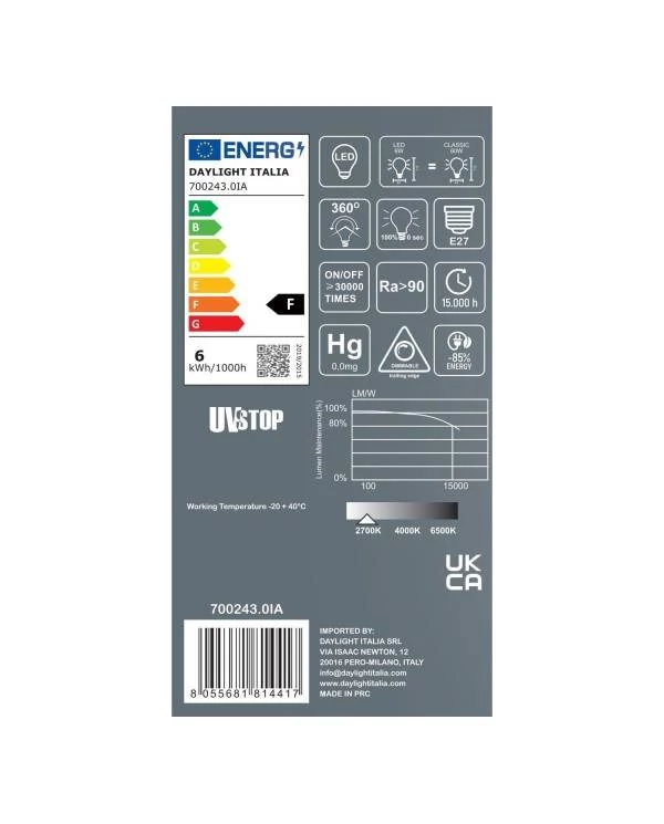 Led Porcelain Light Bulb Milo 6W E27 Dimmable 2700K