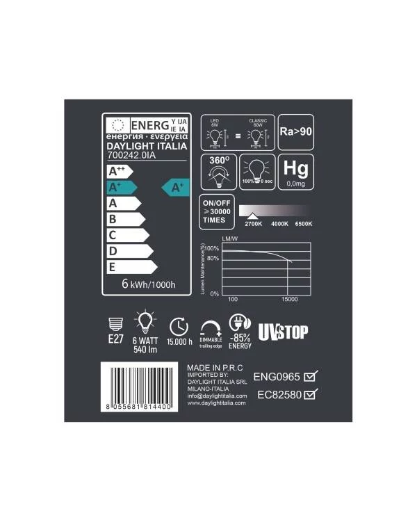 LED porcelanasta žarnica Creta 6W E27, zatemnilna 2700K