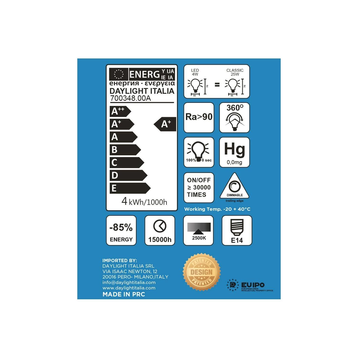 Mlečno bela Dash D66 LED žarnica, ravne žarilne nitke, 4W E4, zatemnilna 2700K