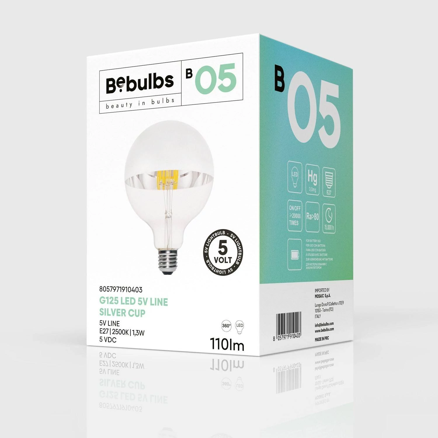 LED srebrna sijalka Half B05 5V Collection kratka Globe G125 1,3W E27 zatemnilna 2500K