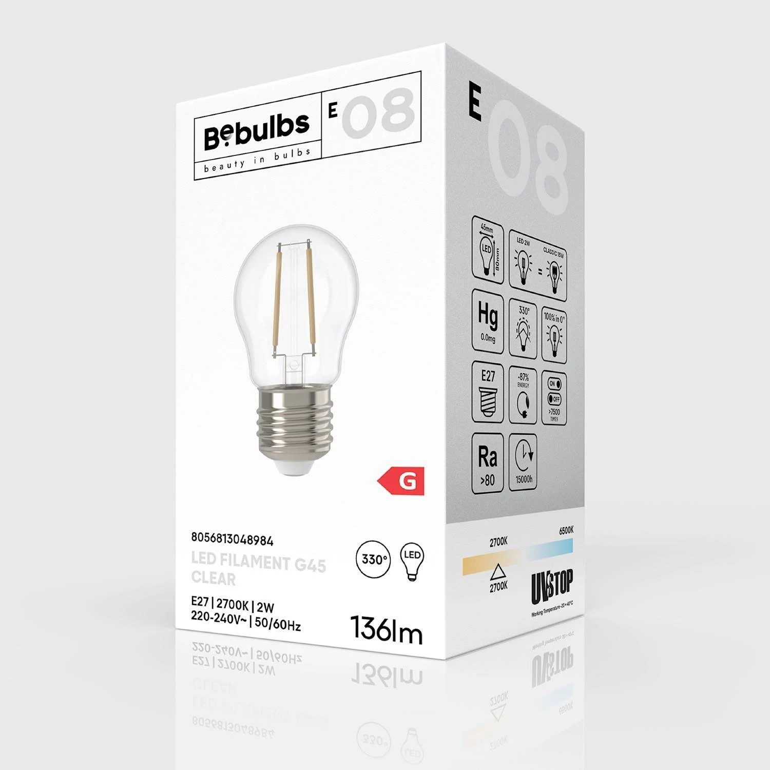 LED žarnica Transparentna G45 2W 136Lm E27 2700K - E08