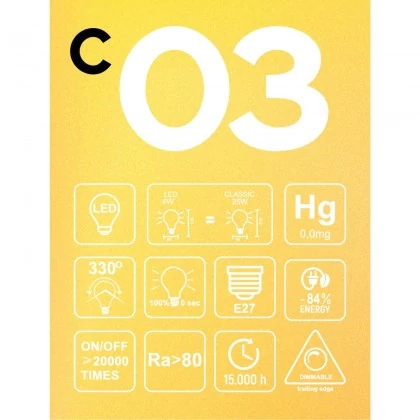 LED zlata sijalka C03 Carbon linija, spiralna nitka A60 4W E27 zatemnilna 1800K