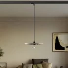 Lampă suspendată cu șină și abajur dublu fațetat din lemn în formă de UFO