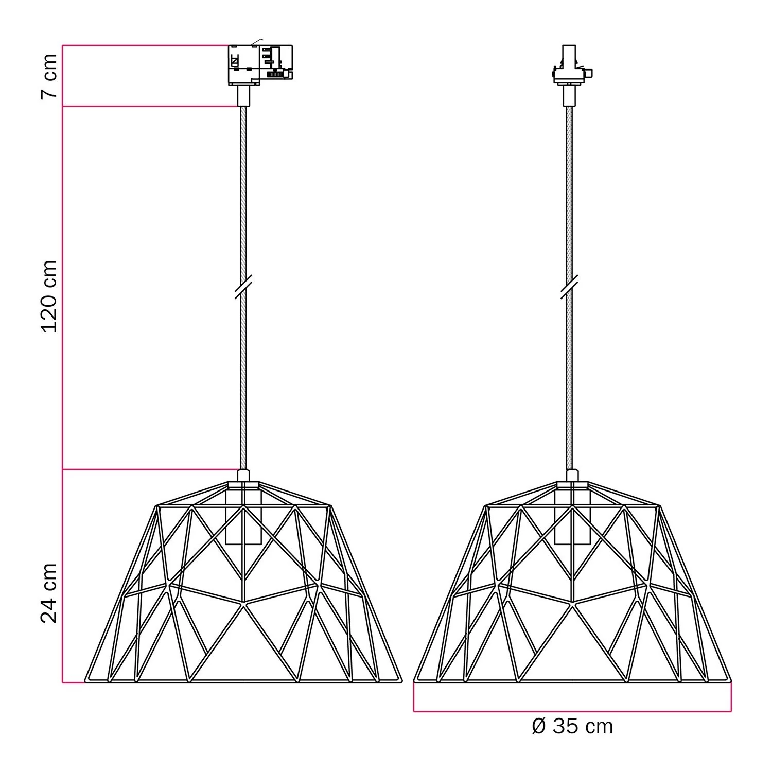 Lampă suspendată, tip dom, pentru șine