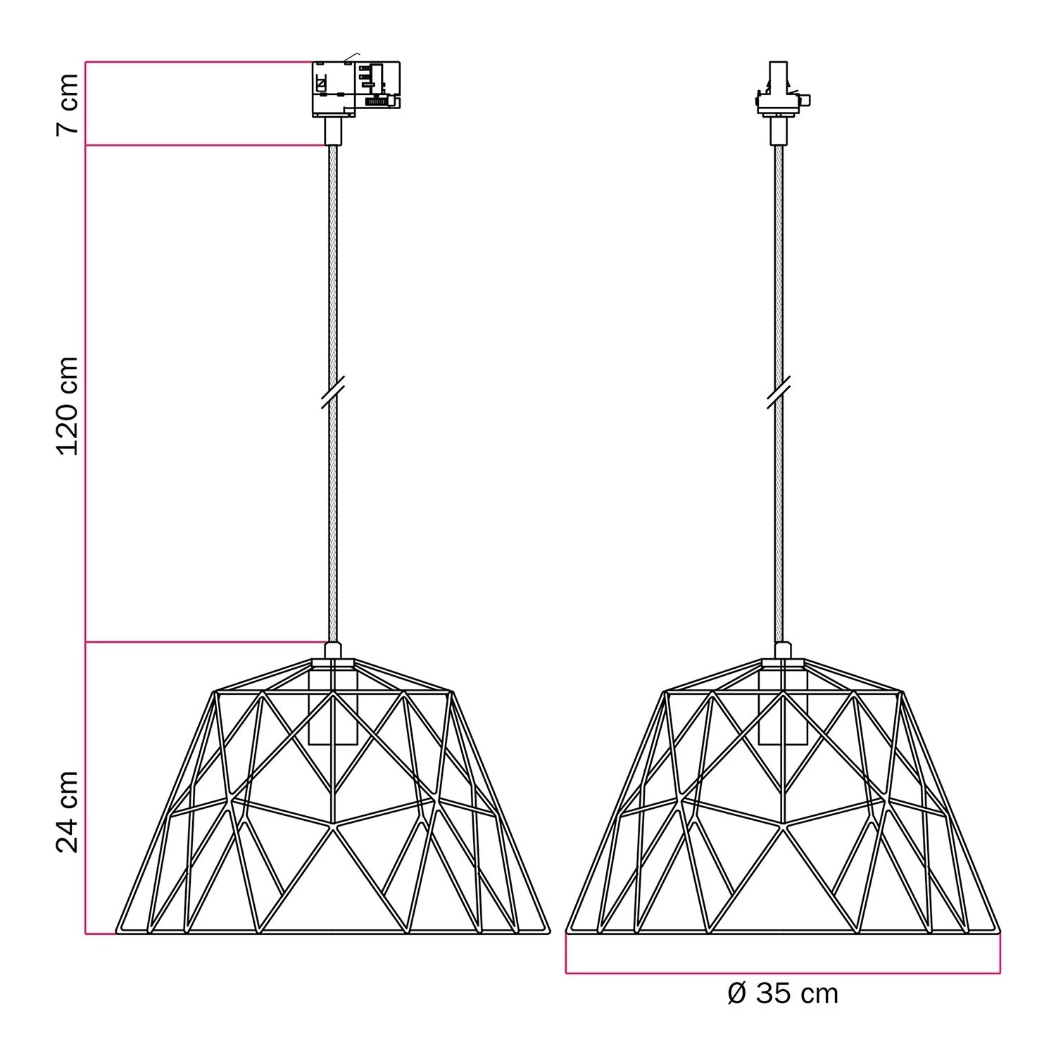 Lampă suspendată, tip dom, pentru șine