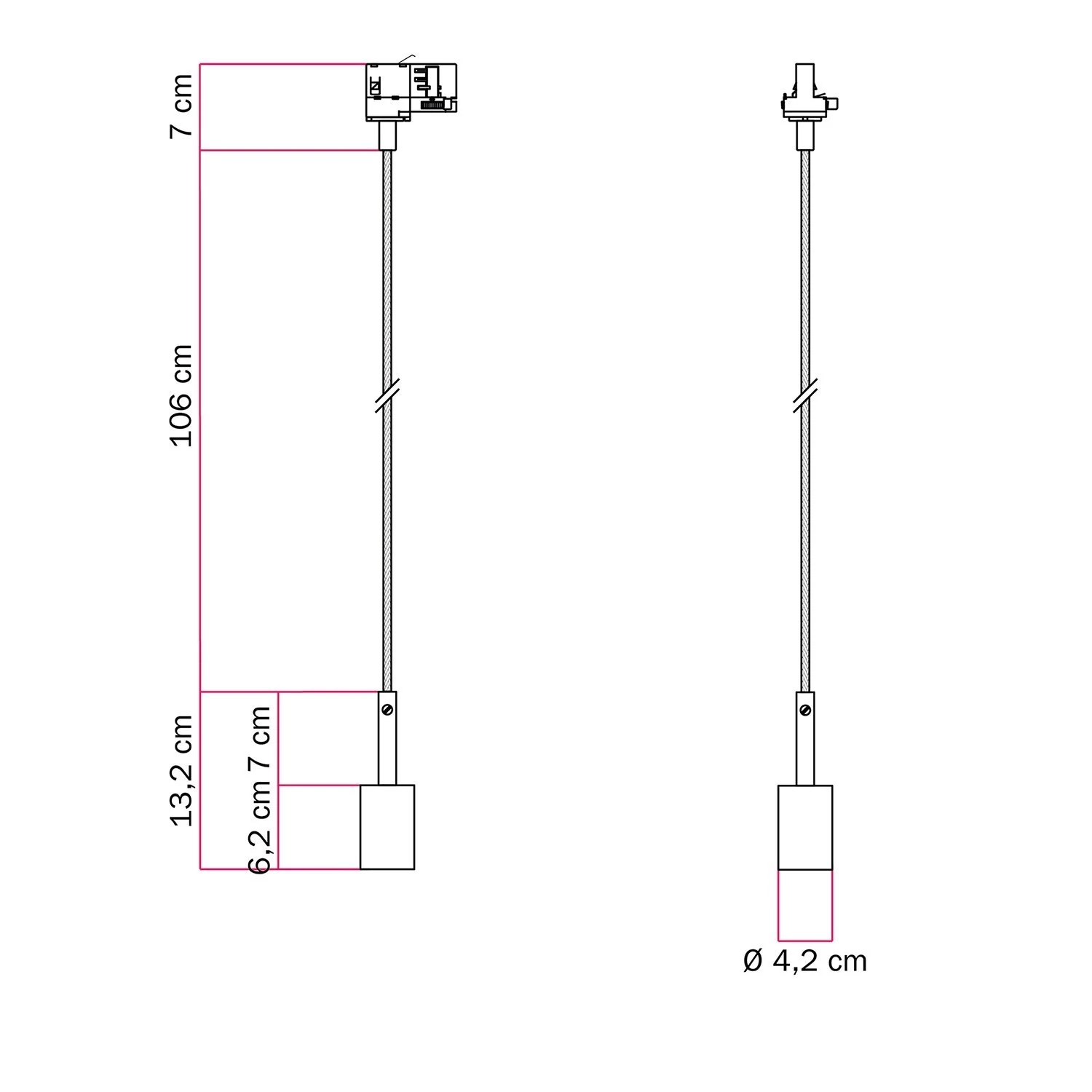 Lustră cu adaptor pentru șină, echipată cu clemă pentru cablu de 7 cm