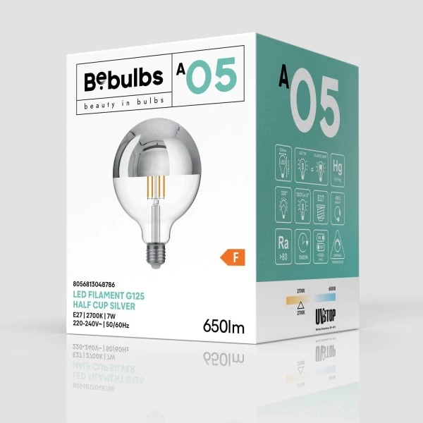 LED žarnica pol krogle srebrna žoga G125 7W 650Lm E27 2700K Zatemnjljiva - A05