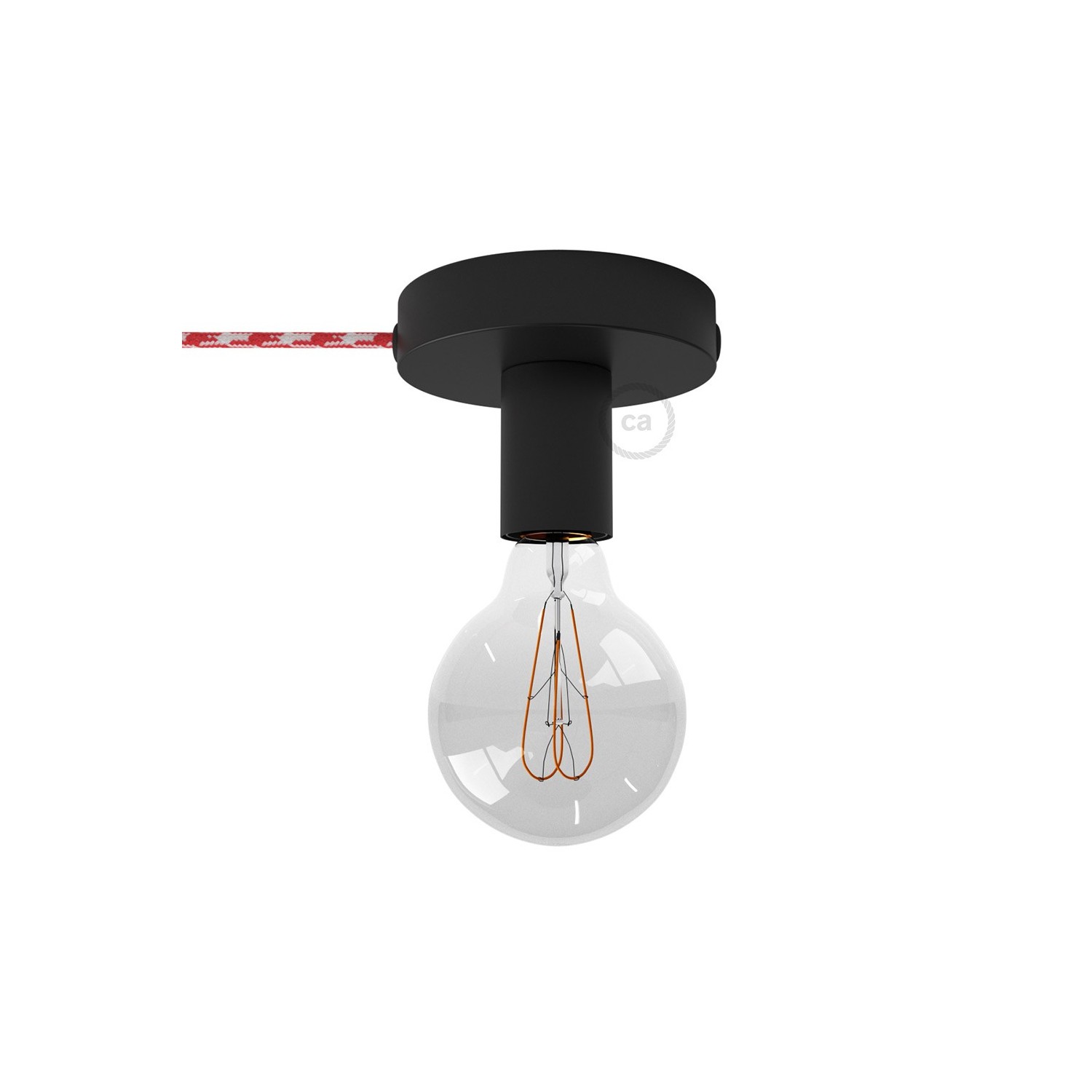 Spostaluce, črna kovinska svetilka s tekstilnim kablom in stranskima izhodoma zanje