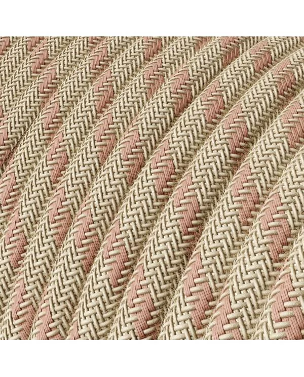 Okrogel električen kabel, vzorec "Črte" RD51, naraven lan in rožnati bombaž