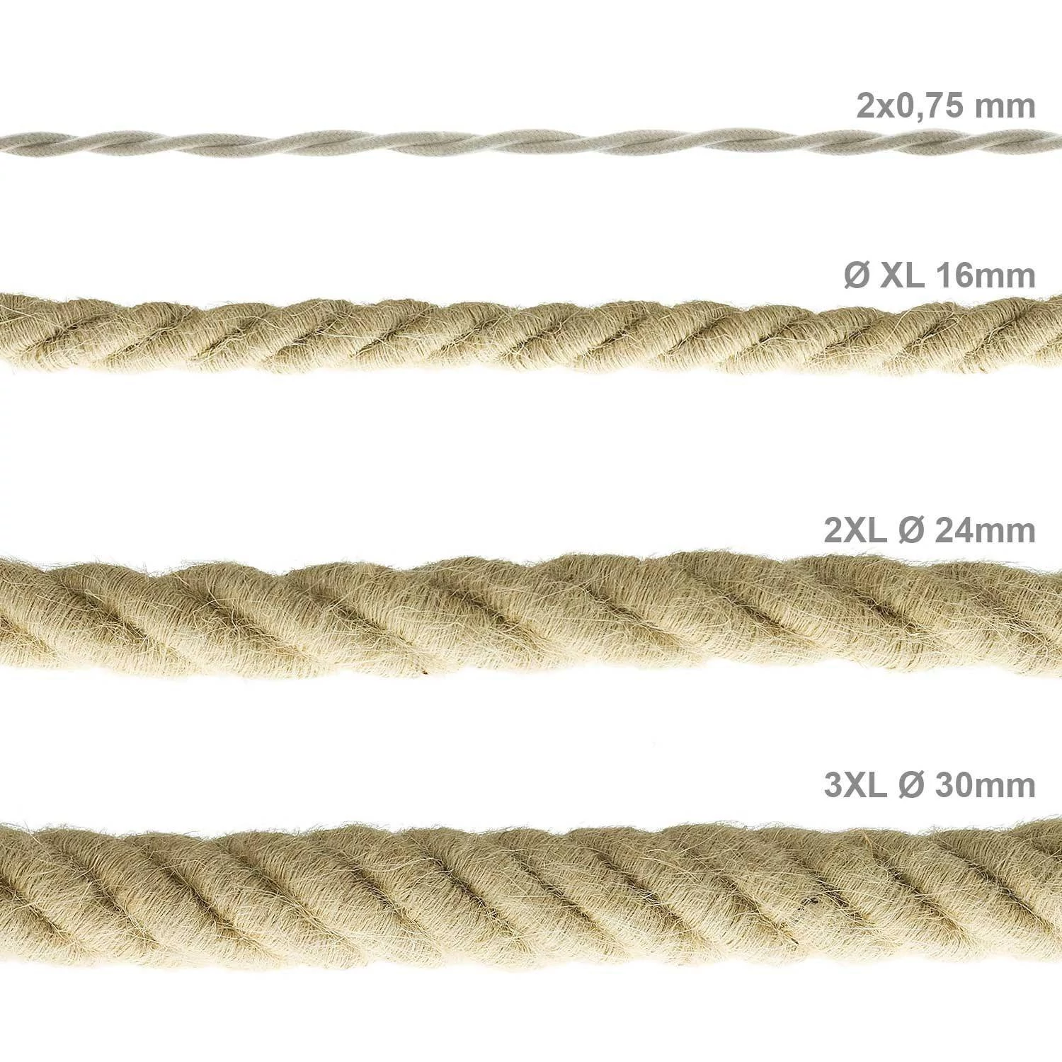XL električna vrv, električen kabel 3x0,75, prekrit z grobo juto. Premer 16mm.