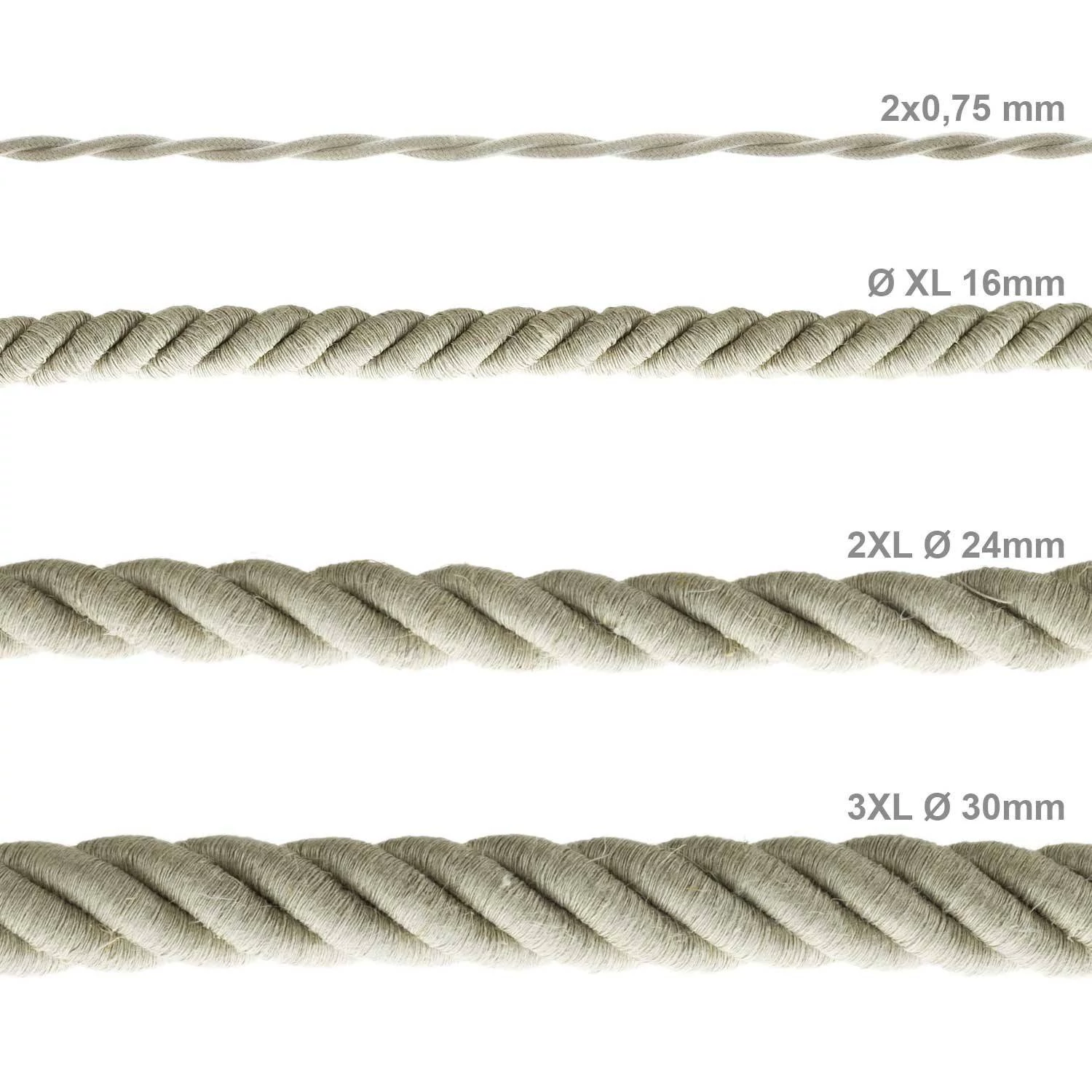 3XL električna vrv, električen kabel 3x0,75, prekrit z naravnim lanom. Premer 30mm.