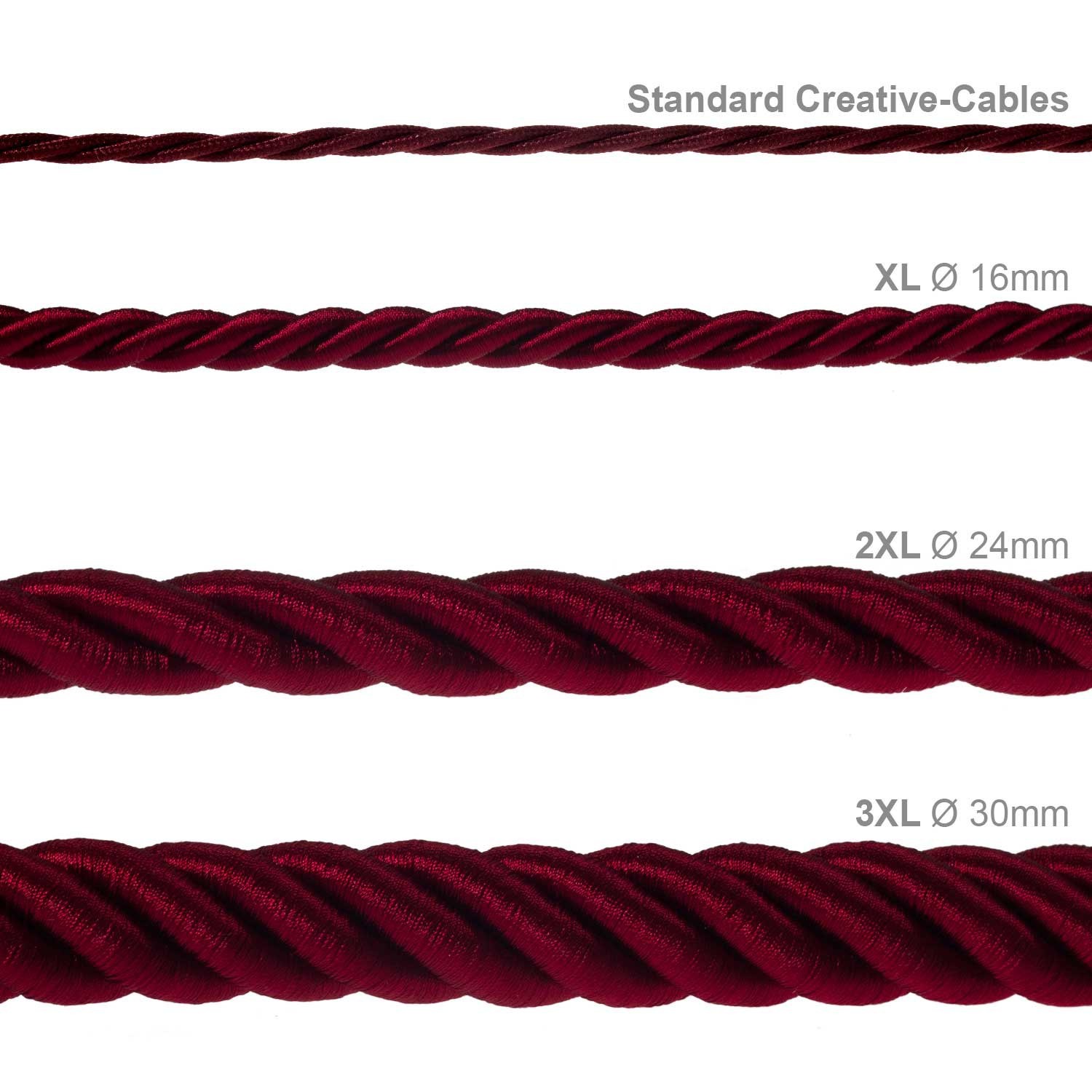 XL električna vrv, električen kabel 3x0,75, prekrit s temno bordo svetlečim blagom. Premer 16mm.