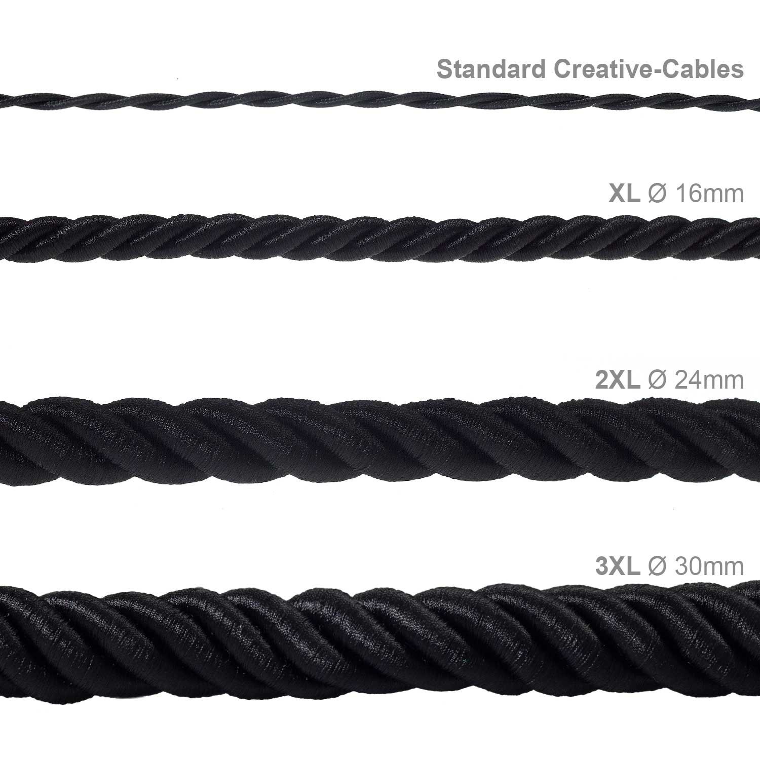 XL električna vrv, električen kabel 3x0,75, prekrit s črnim svetlečim blagom. Premer 16mm.