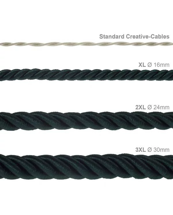 XL električna vrv, električen kabel 3x0,75, prekrit s temno zelenim svetlečim blagom. Premer 16mm.