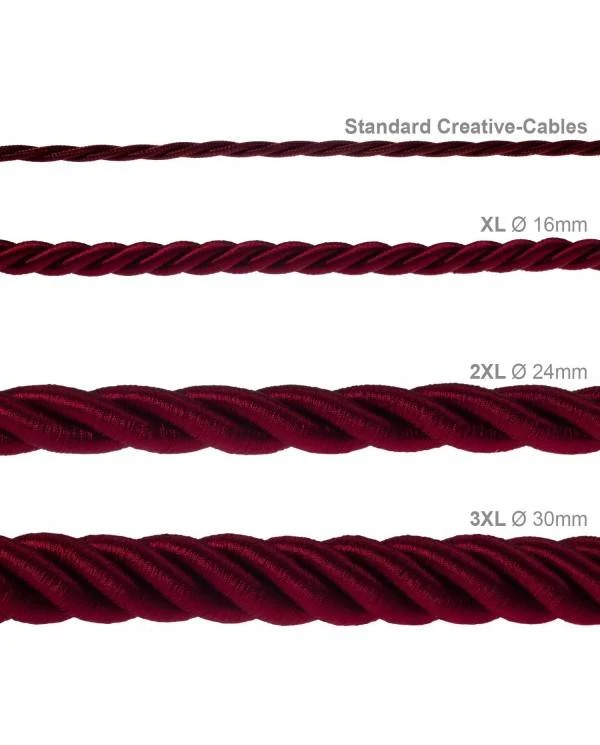 2XL električna vrv, električen kabel 3x0,75, prekrit s temno bordo svetlečim blagom. Premer 24mm.