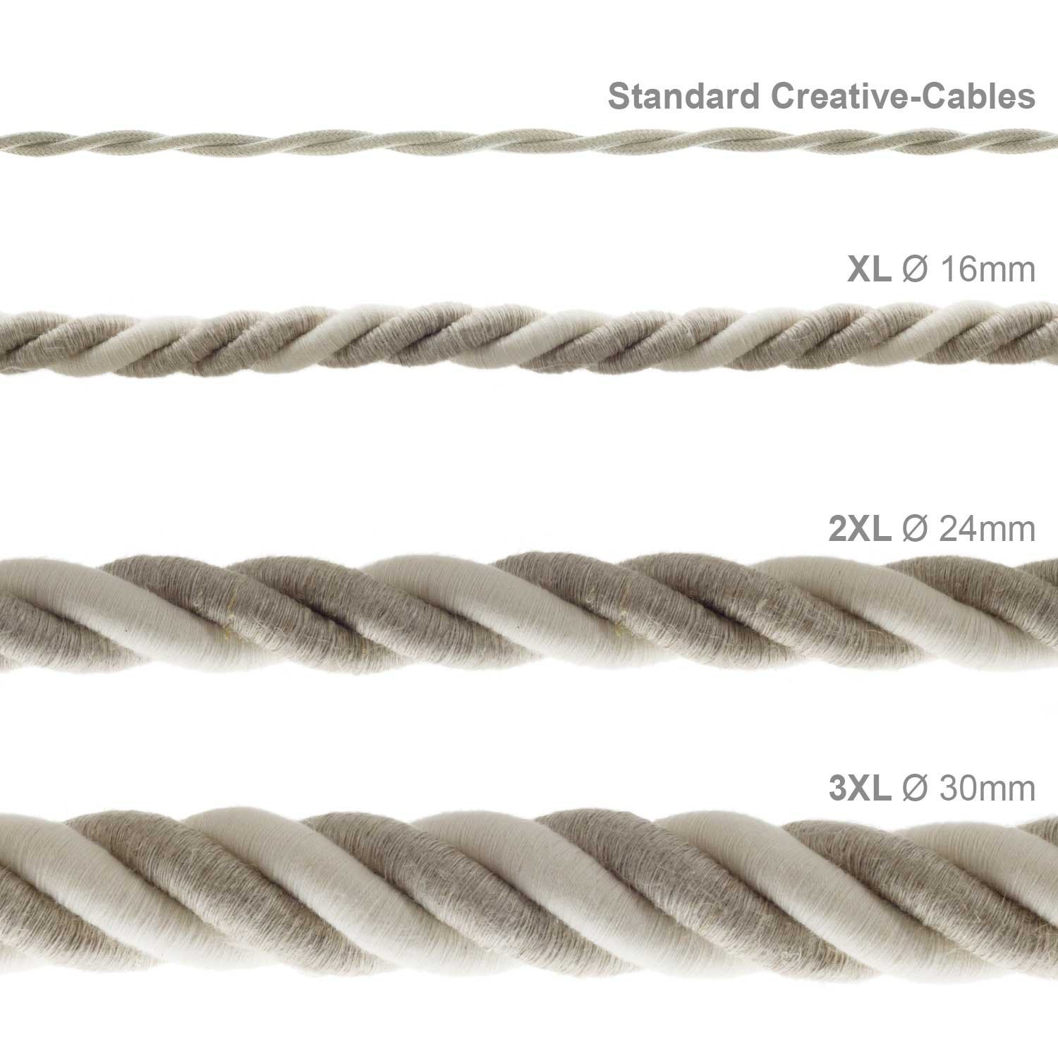 XL električna vrv, električen kabel 3x0,75, prekrit z naravnim lanom in surovim bombažem. Premer 16mm.
