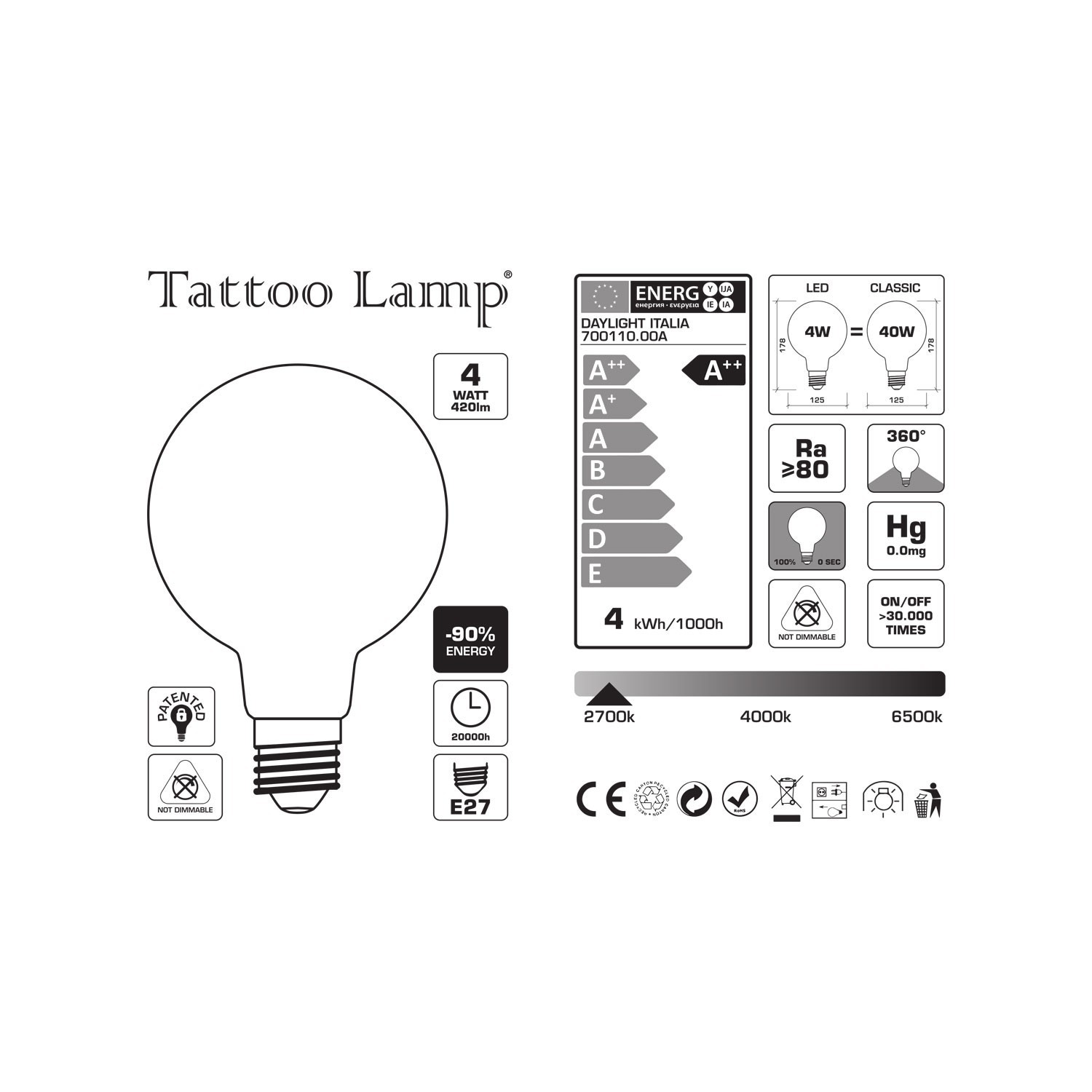LED žarnica - Globe G125 spiralna nit - Tattoo Lamp® Otto 4W E27 2700K