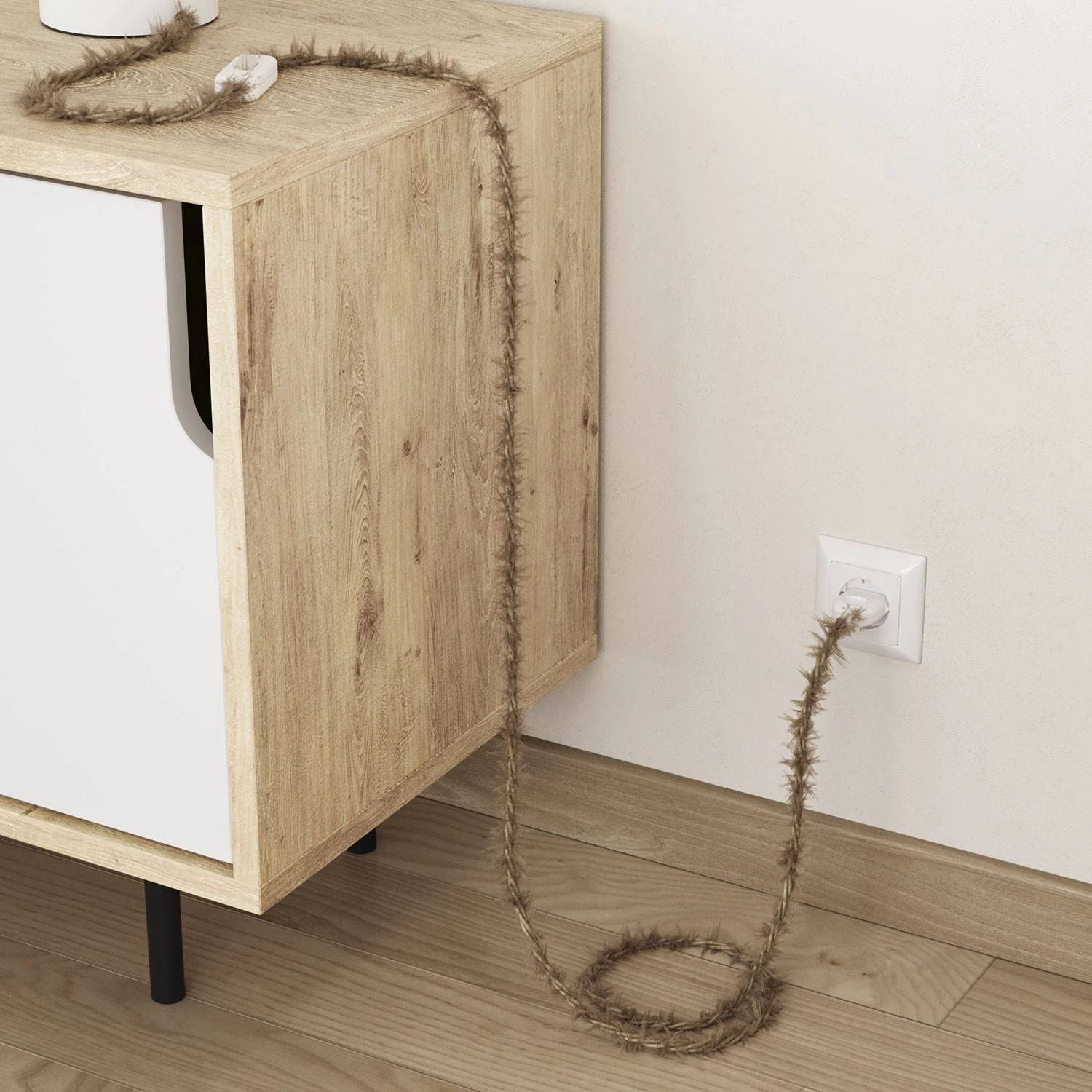 Burlesque twisted lighting cable covered in hairy-effect fabric Plain Khaki colour TP13