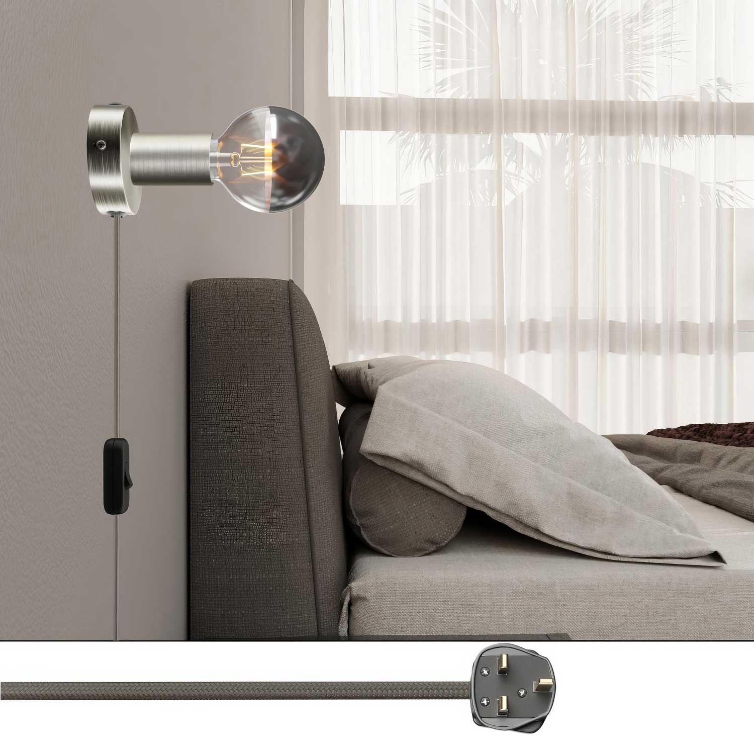 Lampada Spostaluce in metallo e spina UK - Titanio satinato