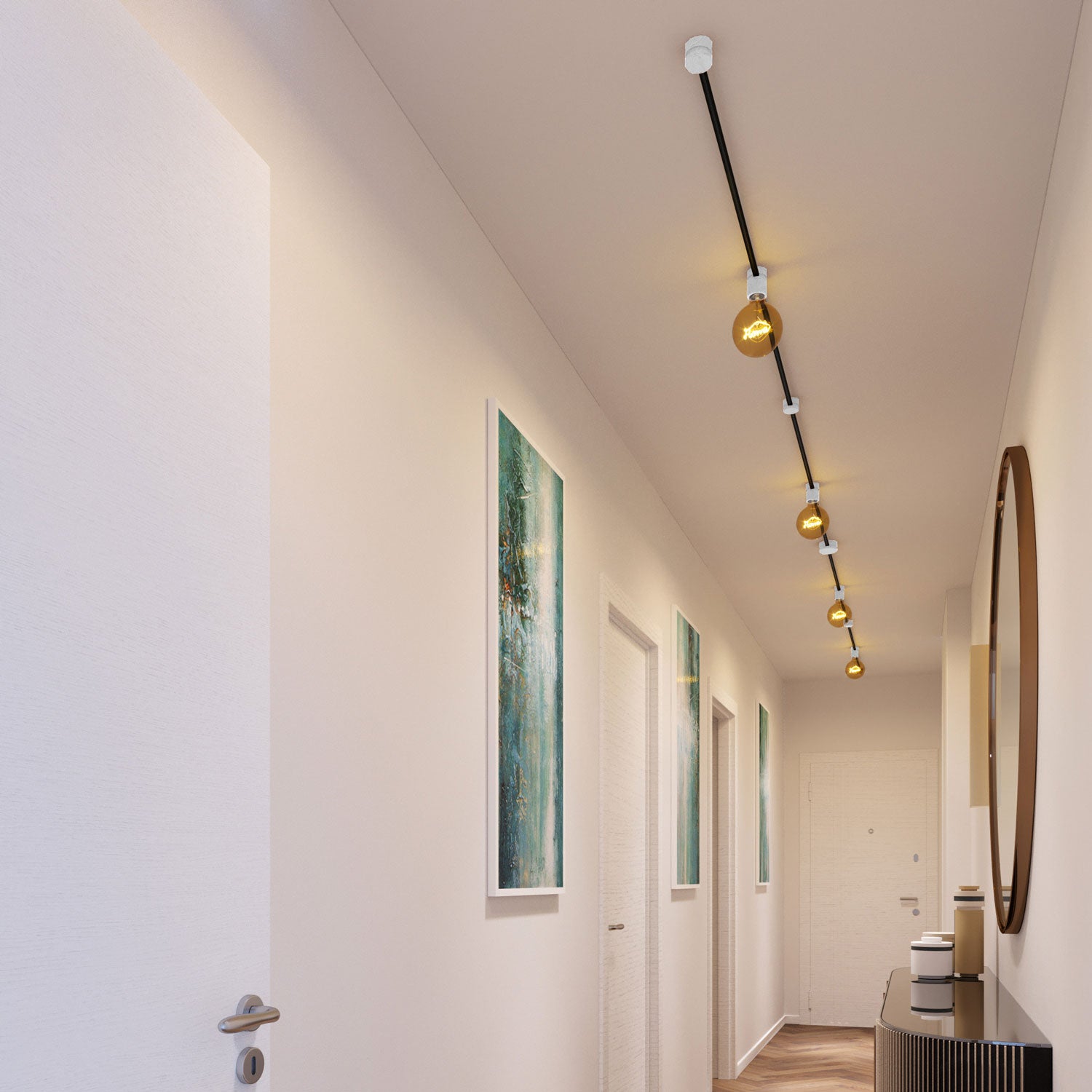 Sistema Filé Symmetric Kit - con cavo CM04 di 5 m per catenaria e 9 componenti in legno verniciato bianco per interni